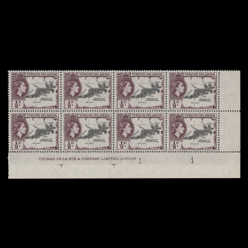 British Virgin Islands 1960 (MNH) ½c Map of Tortola plate block in deep reddish purple