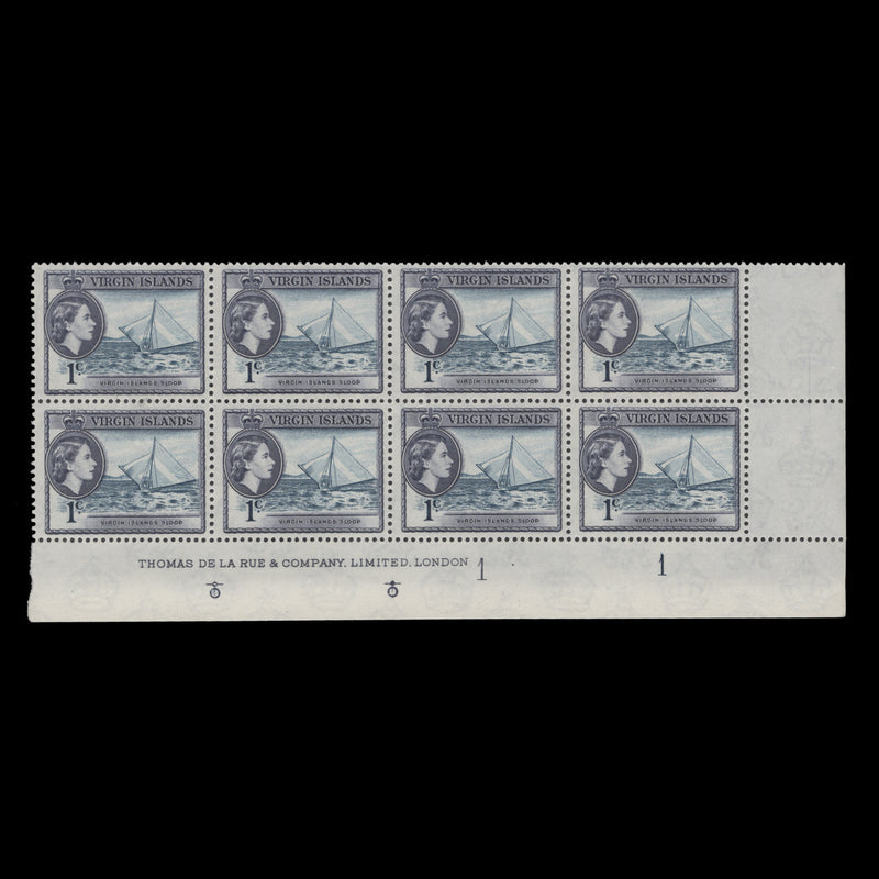 British Virgin Islands 1962 (MNH) 1c Sloop plate block in turquoise and slate-violet