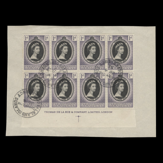 Falkland Islands Dependencies 1953 (FDC) 1d Coronation imprint block, Graham Land