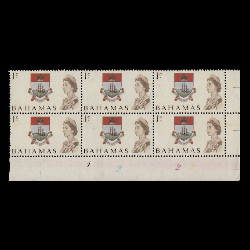 Bahamas 1970 (MNH) 1c Colony Badge plate 1–2–2–2 block, whiter paper