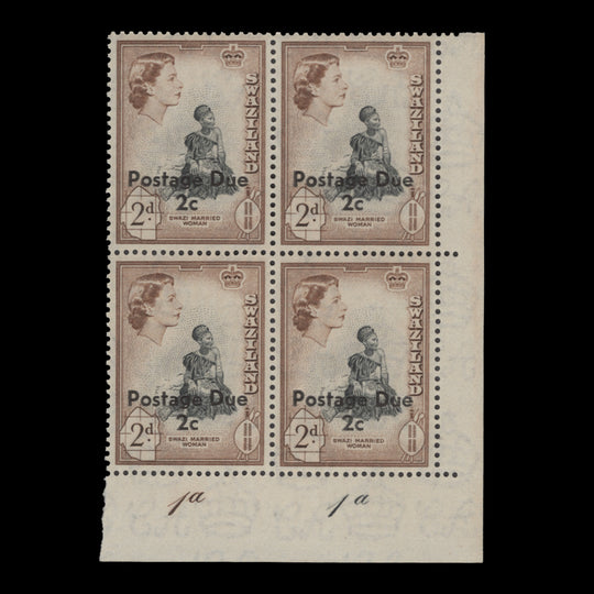 Swaziland 1961 (MNH) 2c/2d Postage Due plate 1a–1a block, type II