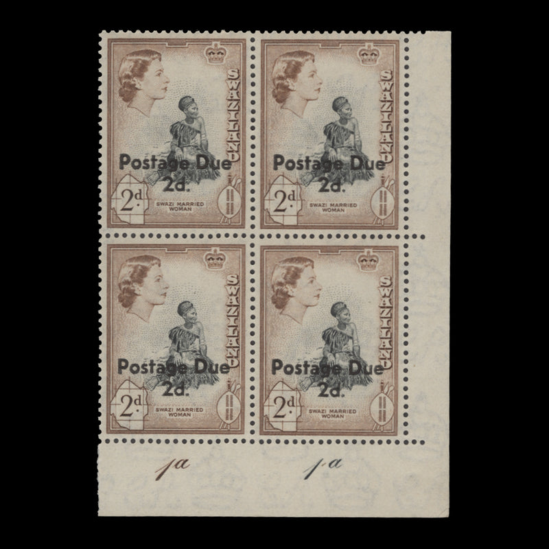 Swaziland 1961 (MNH) 2d/2d Postage Due plate 1a–1a block, type II
