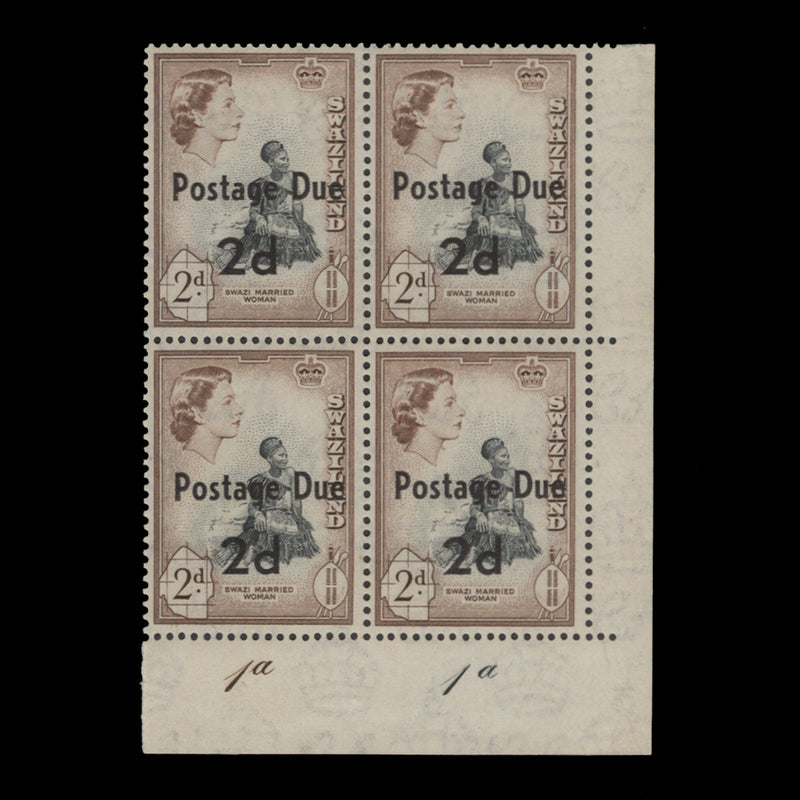 Swaziland 1961 (MNH) 2d/2d Postage Due plate 1a–1a block, type I