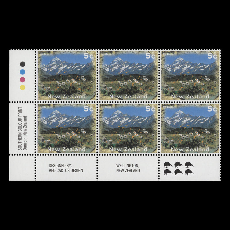 New Zealand 1996 (MNH) 5c Mount Cook imprint/reprint 6 block