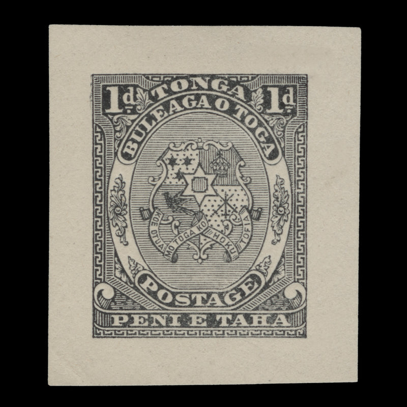 Tonga 1892 (Proof) 1d Arms of Tonga unadopted design in black