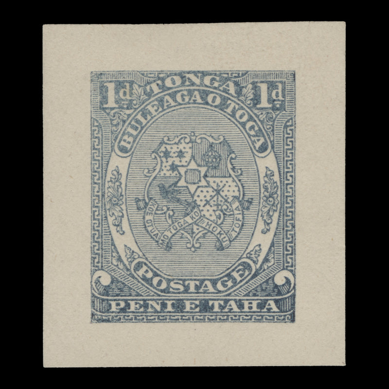 Tonga 1892 (Proof) 1d Arms of Tonga unadopted design in pale grey-blue