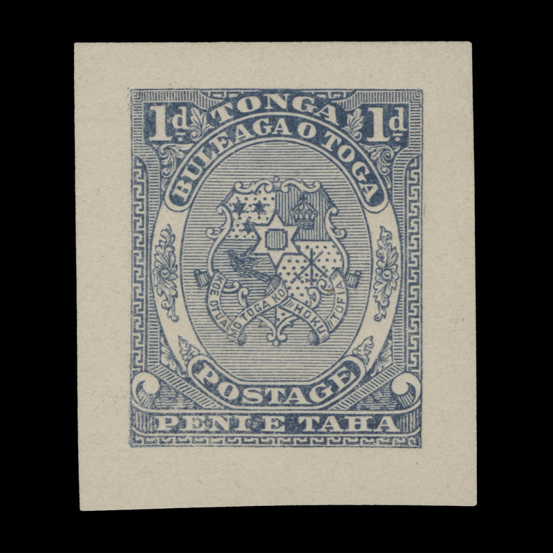 Tonga 1892 (Proof) 1d Arms of Tonga unadopted design in grey-blue