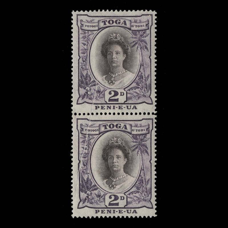 Tonga 1925 (Variety) 2d Queen Salote pair with pre-printing paper crease