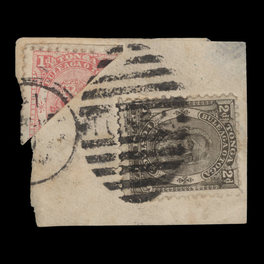 Tonga 1893 (Used) 1d Arms of Tonga bisect on-piece dated 24 JL 93