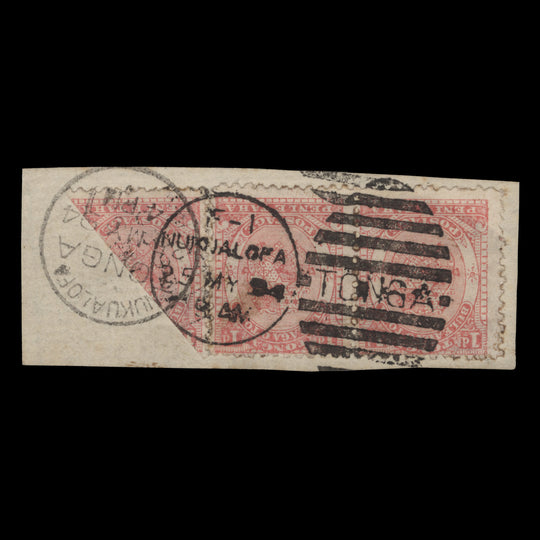 Tonga 1893 (Used) 1d Arms of Tonga bisect on-piece dated 25 MY 94