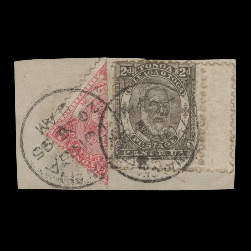 Tonga 1893 (Used) 1d Arms of Tonga bisect on-piece dated 20 JE 95