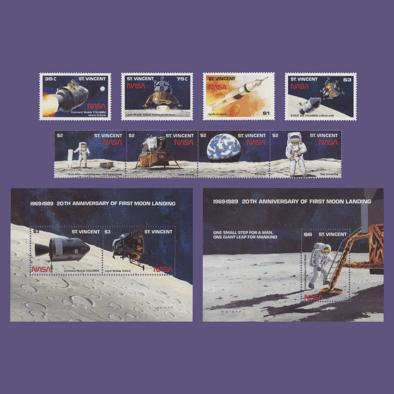 Saint Vincent 1989 (MNH) Moon Landing Anniversary set and miniature sheets