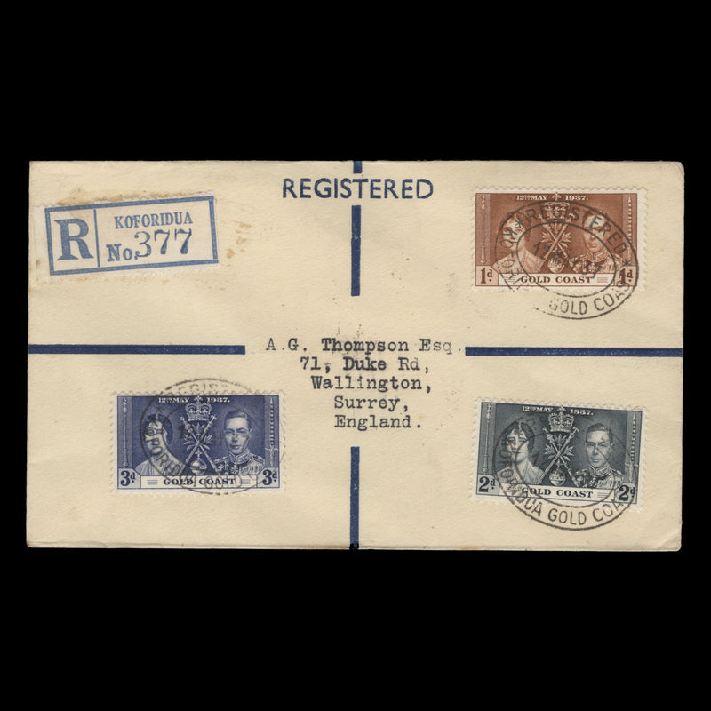 Gold Coast 1937 Coronation registered first day cover, KOFORIDUA