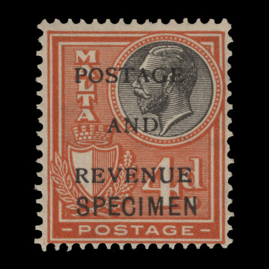 Malta 1928 (MLH) 4d Black & Red provisional with SPECIMEN overprint