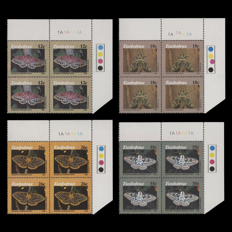 Zimbabwe 1986 (MNH) Moths plate 1A–1A–1A–1A blocks