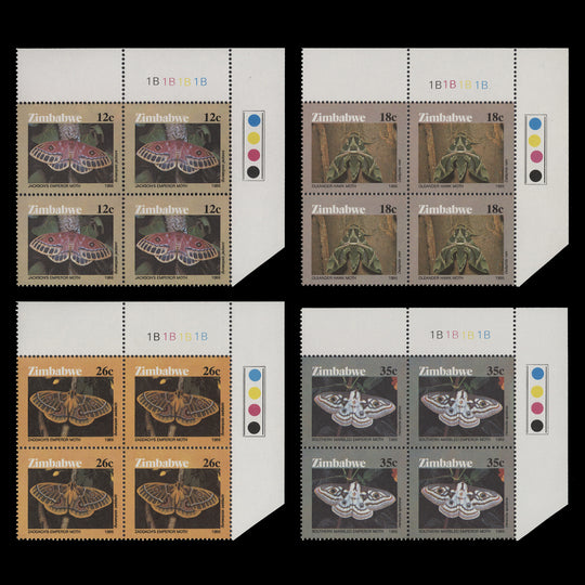 Zimbabwe 1986 (MNH) Moths plate 1B–1B–1B–1B blocks