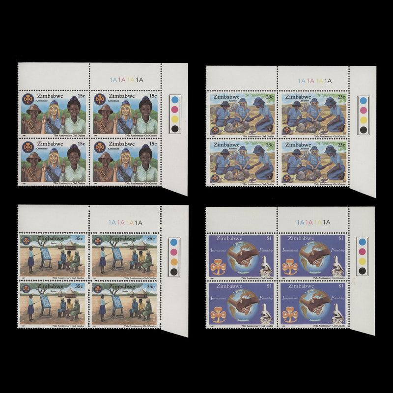 Zimbabwe 1987 (MNH) Girl Guides Anniversary plate 1A–1A–1A–1A blocks