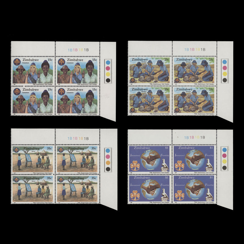 Zimbabwe 1987 (MNH) Girl Guides Anniversary plate 1B–1B–1B–1B blocks