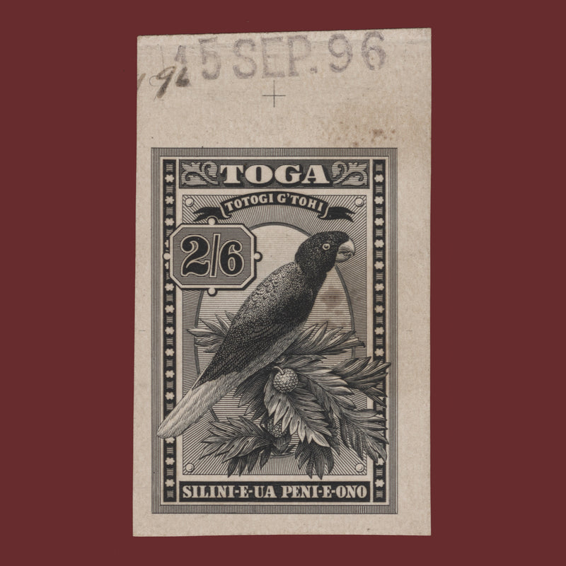 Tonga 1896 Red Shining Parrot die proof in black
