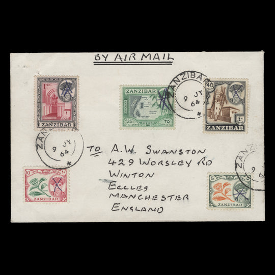 Zanzibar 1961 Definitives on cover with Sultan's portrait obliterated