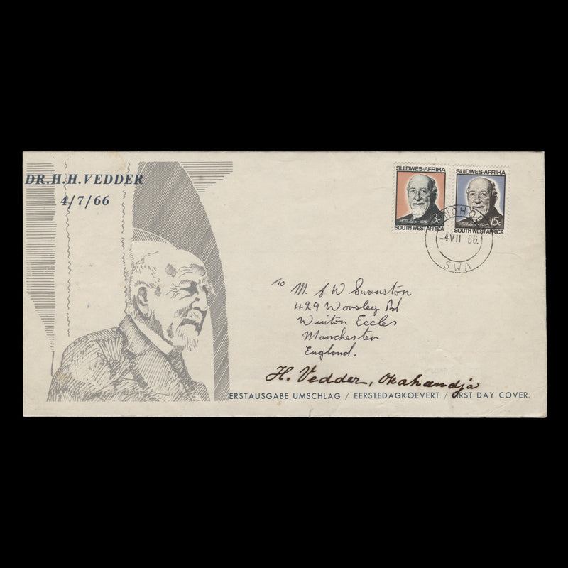 South West Africa 1966 Dr Heinrich Vedder's 90th Birthday signed first day cover