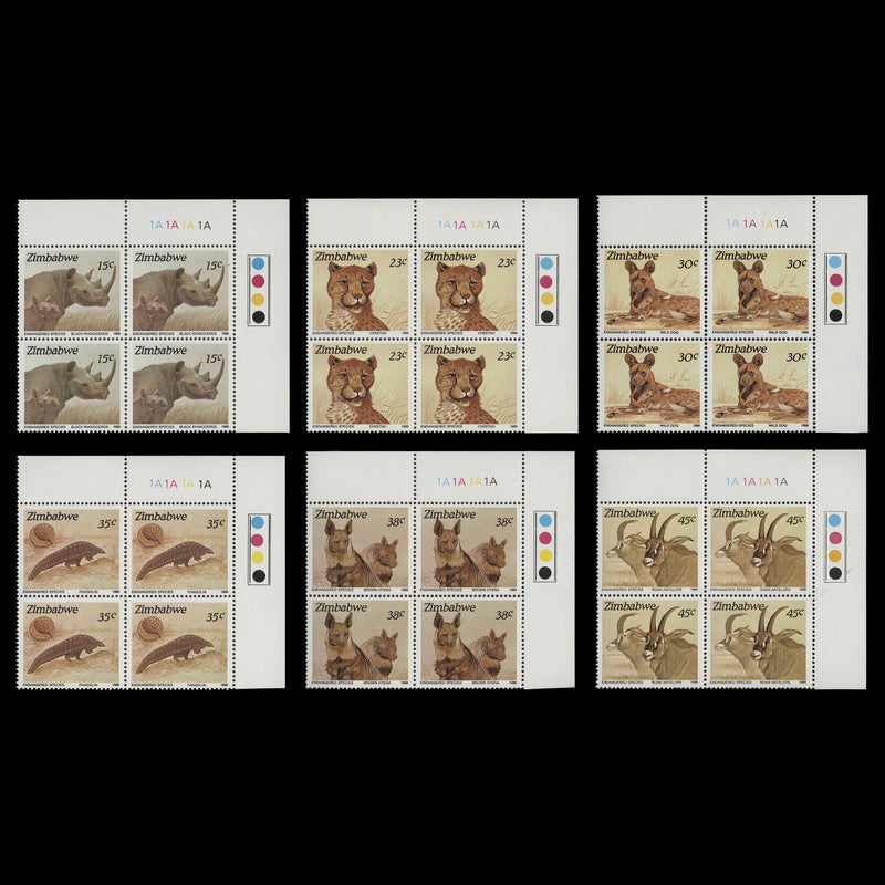 Zimbabwe 1989 (MNH) Endangered Species plate 1A–1A–1A–1A blocks