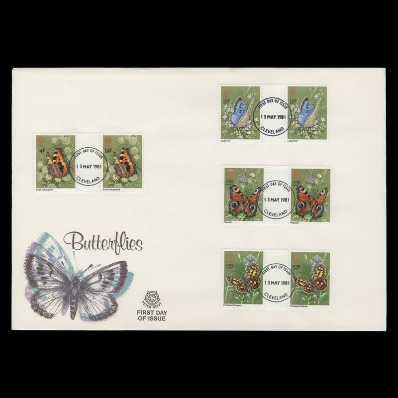 Great Britain 1981 Butterflies gutter pairs first day cover, CLEVELAND