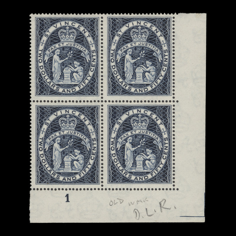 Saint Vincent 1961 (MNH) $2.50 Colony Badge plate block, deep blue