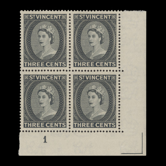 Saint Vincent 1955 (MNH) 3c Queen Elizabeth II plate block, Waterlow