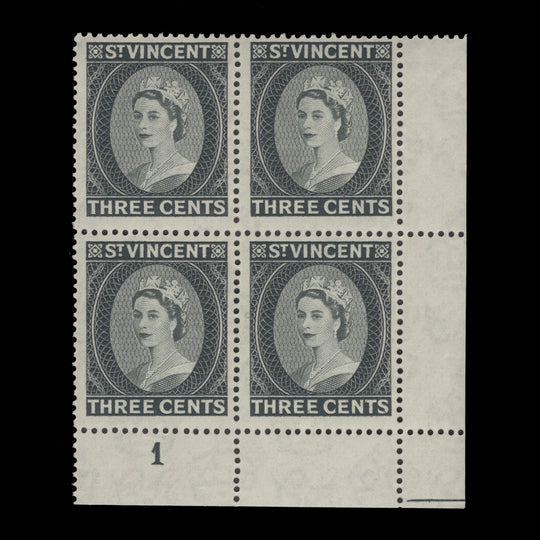 Saint Vincent 1961 (MNH) 3c Queen Elizabeth II plate block, De La rue