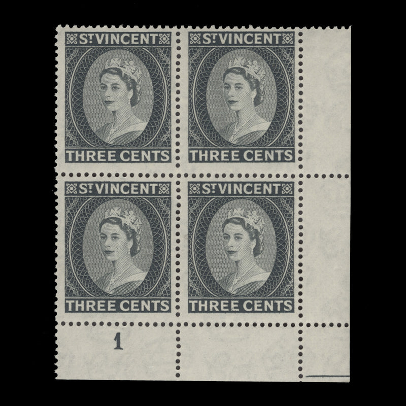 Saint Vincent 1961 (MNH) 3c Queen Elizabeth II plate block, slate
