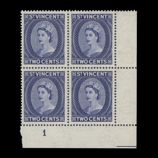 Saint Vincent 1955 (MNH) 2c Queen Elizabeth II plate block, Waterlow