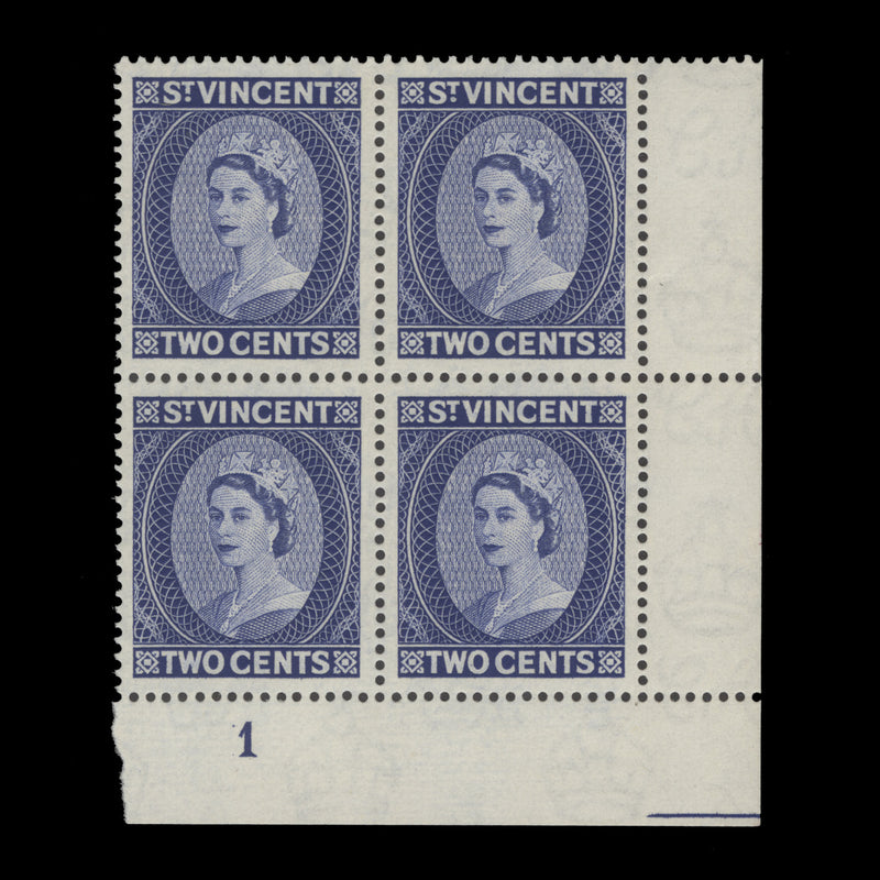 Saint Vincent 1955 (MNH) 2c Queen Elizabeth II plate block, ultramarine