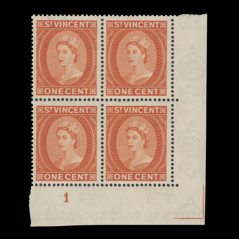 Saint Vincent 1955 (MNH) 1c Queen Elizabeth II plate block, orange