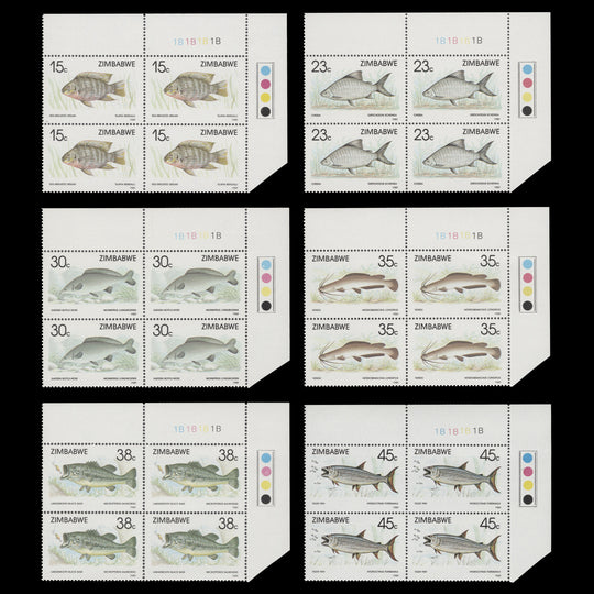 Zimbabwe 1989 (MNH) Fish plate 1B–1B–1B–1B blocks