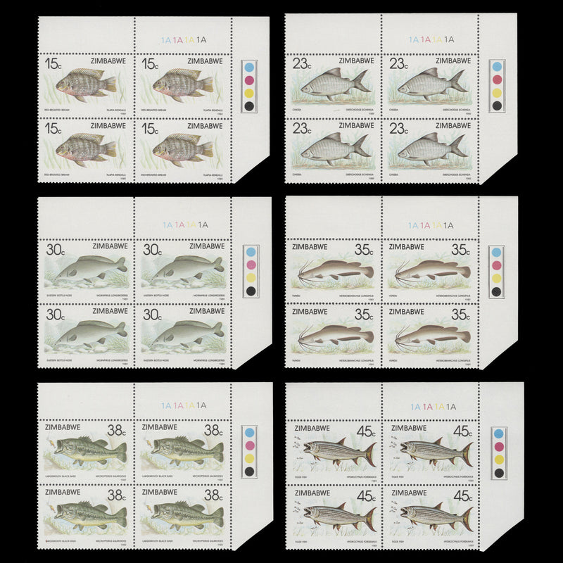 Zimbabwe 1989 (MNH) Fish plate 1A–1A–1A–1A blocks