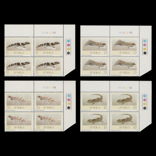 Zimbabwe 1989 (MNH) Geckos plate 1B–1B–1B–1B blocks