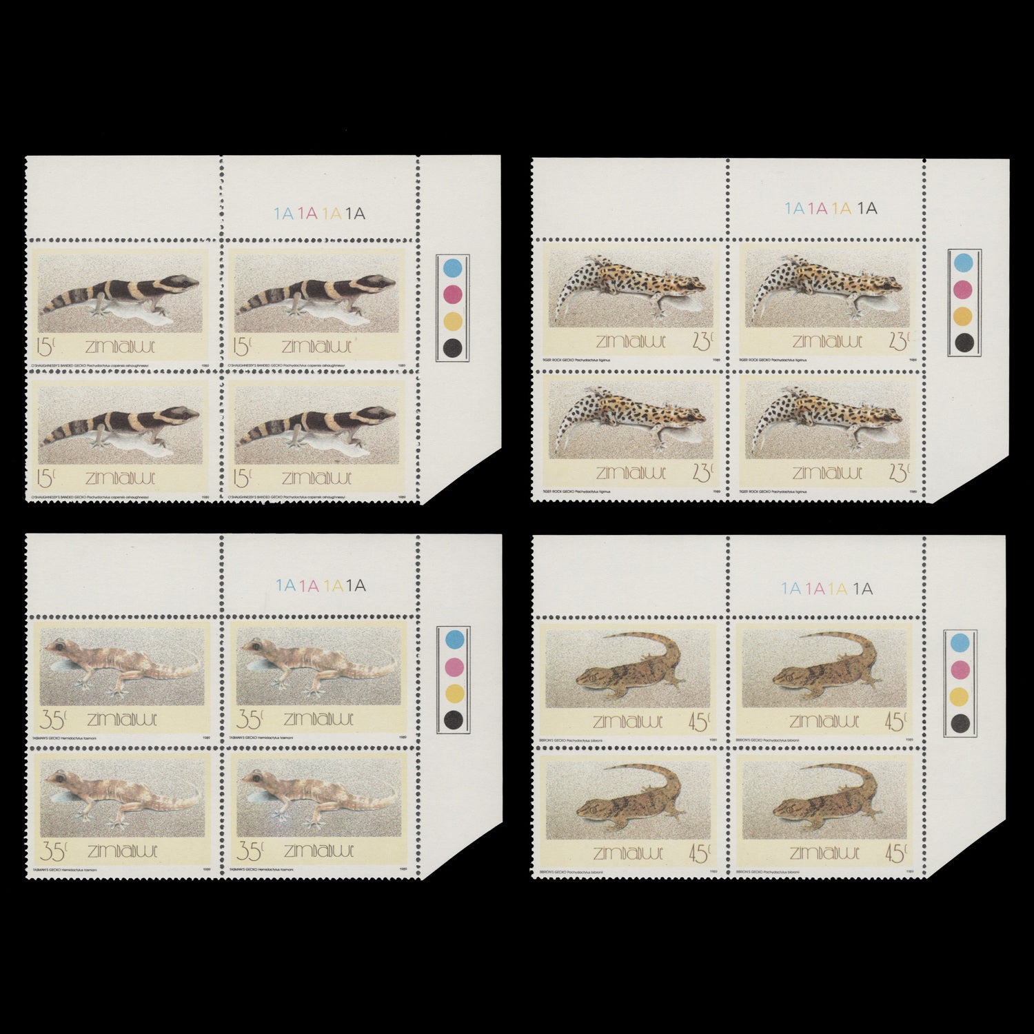 Zimbabwe 1989 (MNH) Geckos plate 1A–1A–1A–1A blocks – ZEBOOSE.COM