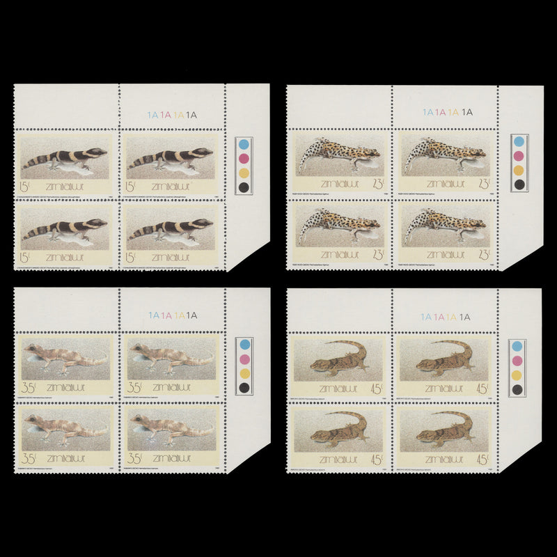 Zimbabwe 1989 (MNH) Geckos plate 1A–1A–1A–1A blocks