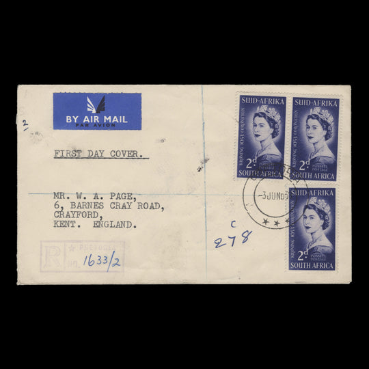 South Africa 1953 (FDC) 2d Coronation cylinder 66 block, PRETORIA