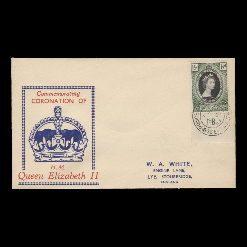 Malta 1953 (FDC) 1½d Coronation, PRINCE OF WALES RD