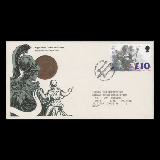 Great Britain 1993 £10 Britannia batch start FDC, WINDSOR