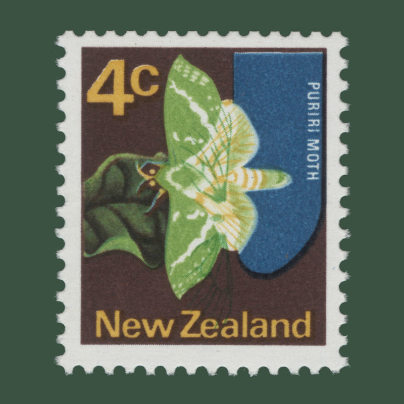 New Zealand 1973 (Variety) 4c Puriri Moth with dark green inverted. SG1011a