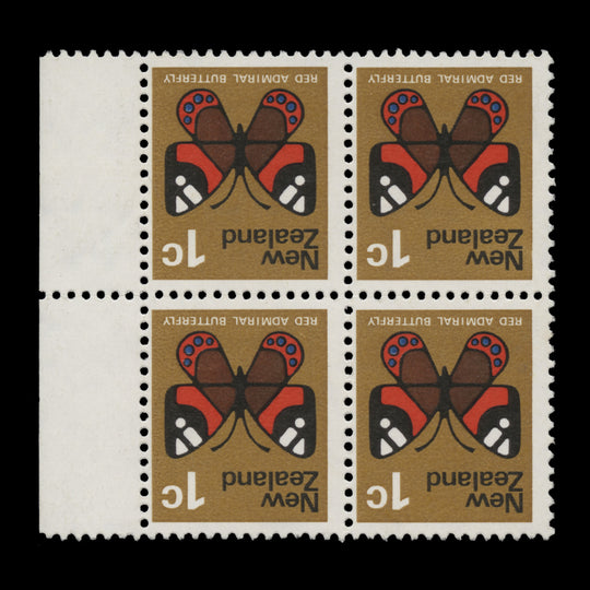 New Zealand 1970 (Variety) 1c Red Admiral block with inverted watermark
