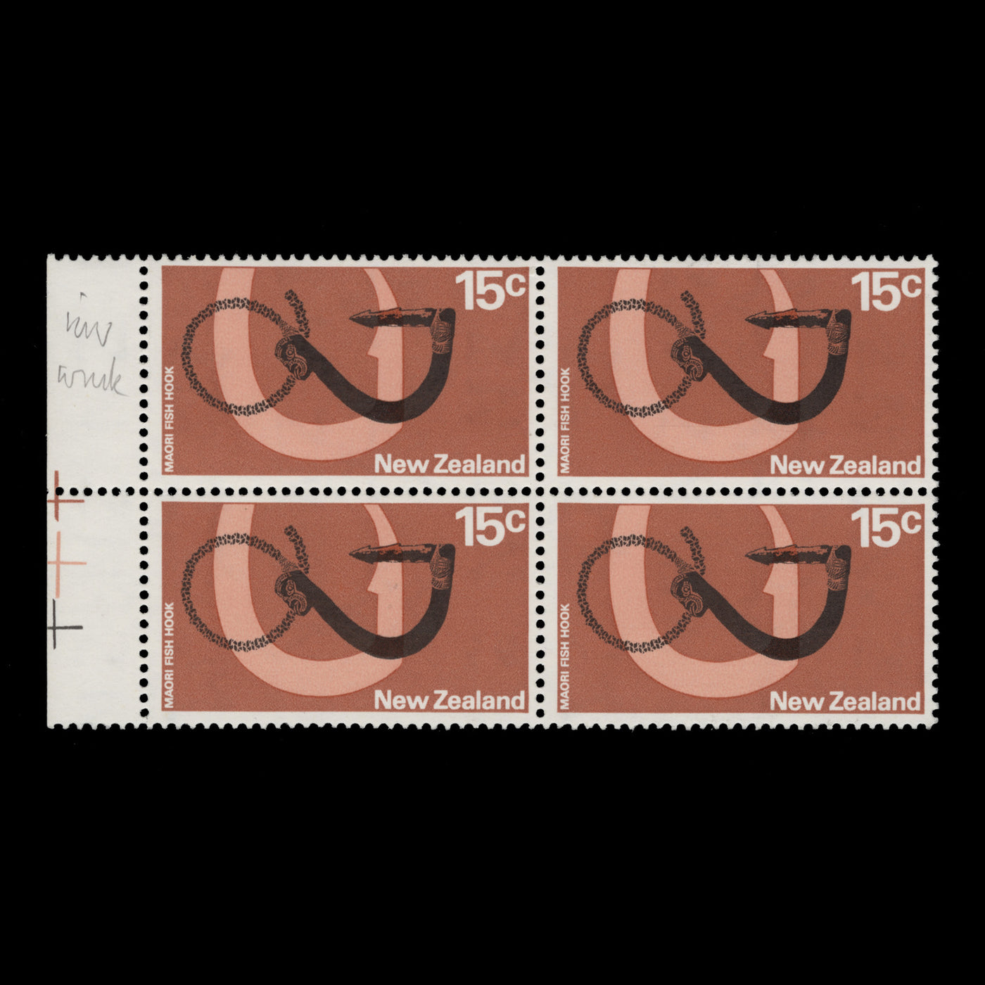New Zealand 1971 (Variety) 15c Maori Fish Hook block with sideways  watermark  ZEBOOSE.COM