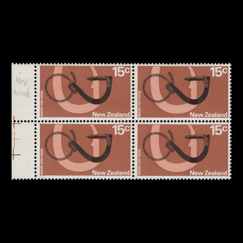 New Zealand 1971 (Variety) 15c Maori Fish Hook block with sideways watermark –