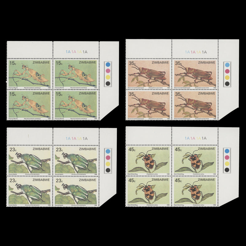 Zimbabwe 1988 (MNH) Insects plate 1A–1A–1A–1A blocks