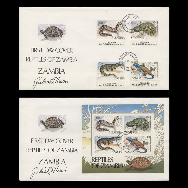 Zambia 1984 Reptiles first day covers signed by designer Gabriel Ellison