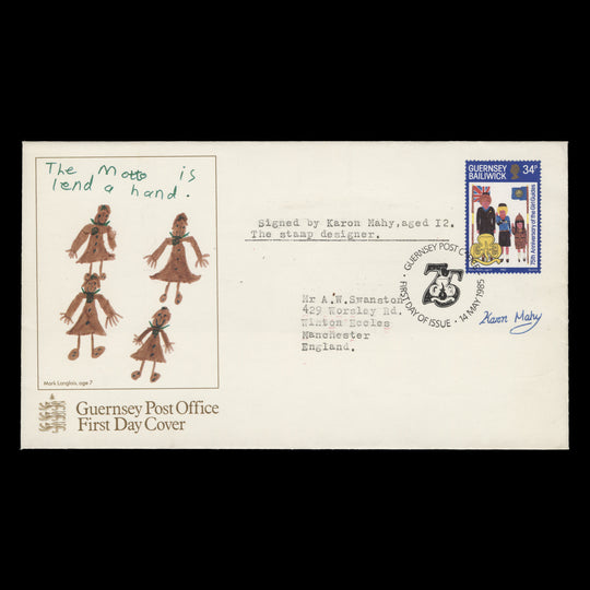 Guernsey 1985 Girl Guides Anniversary FDC signed by artist Karon Mahy