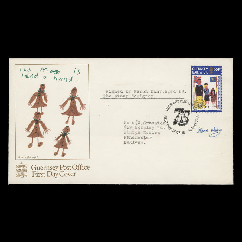 Guernsey 1985 Girl Guides Anniversary FDC signed by artist Karon Mahy